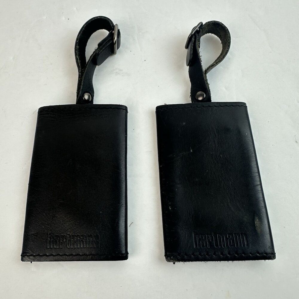 Hartmann Black Leather Luggage ID Card Tag Double Snap Closure Set of 2 - READ